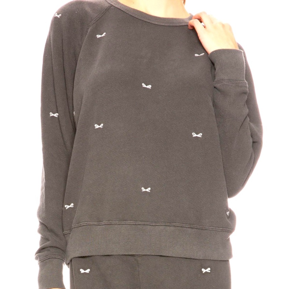 The Great. Bow Embroidered Sweatshirt Washed Black with White Bow, Size XS